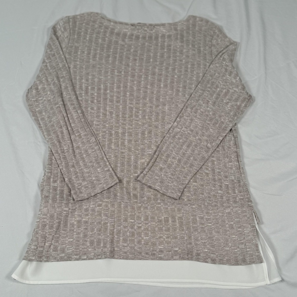 Ivanka Trump Sweater Medium Beige Layered Hem Knit Long Sleeve Top Lightweight - Picture 7 of 12